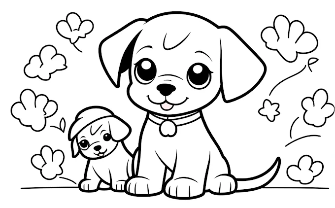 Dog and puppy in field of flowers with hearts, line art