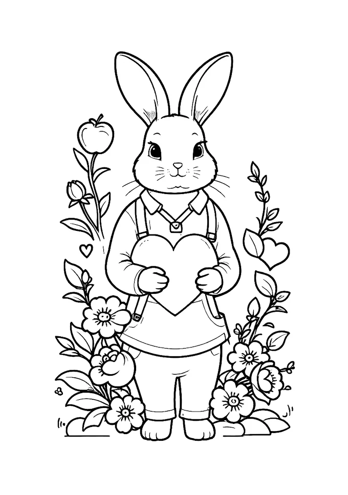 Bunny with Heart-Shaped Apple and Flowers Scene