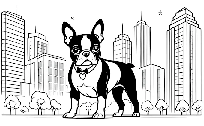 Black and white dog with bow tie in front of city skyline, detailed illustration