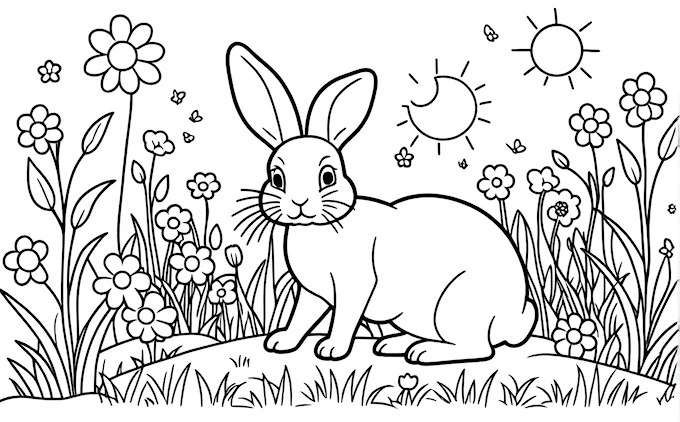 Cartoon rabbit in grass with flowers and sun