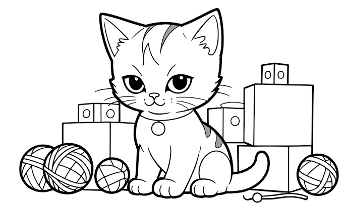 Cat next to ball of yarn and box