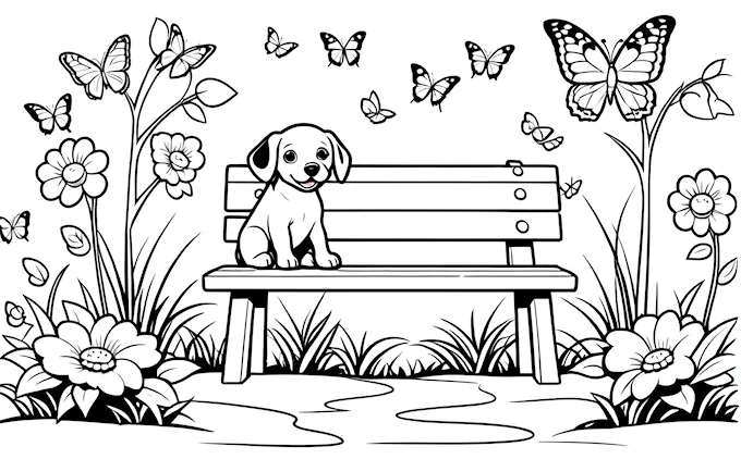 Dog on bench in park with butterflies