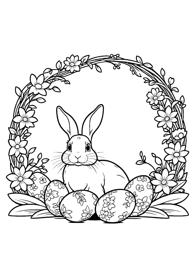 Rabbit on Easter Egg Surrounded by Flowers Coloring Page