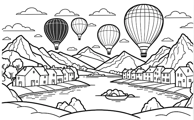 Hot air balloons over town, mountains, and lake, coloring page