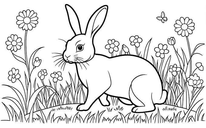 Rabbit in grass with flowers and butterflies, black and white, coloring page