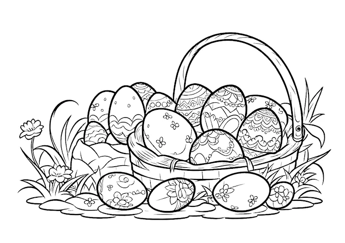 Easter egg basket in springtime scene coloring page