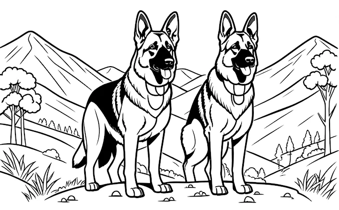 Two German Shepherds standing in mountains