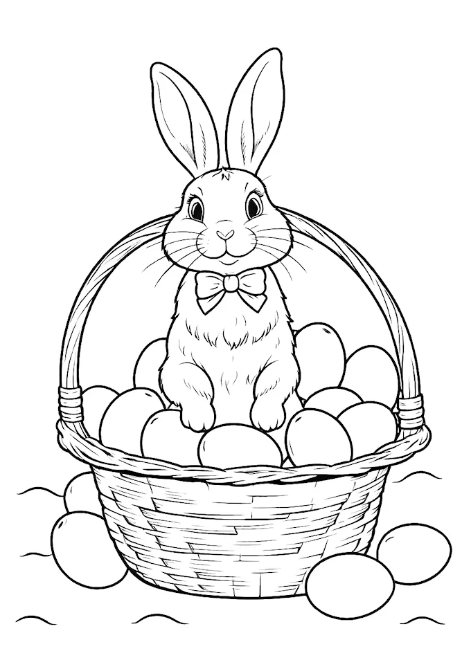 Cute Bunny in Basket with Dyed Easter Eggs