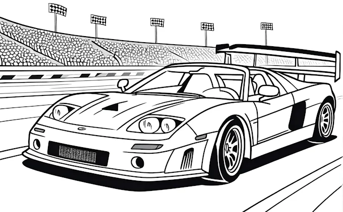 Sports car driving on a track, stadium in background