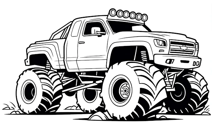 Monster truck with big tires, black and white coloring page