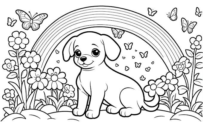 Puppy in grass with rainbow and butterfly on head, naive art line drawing