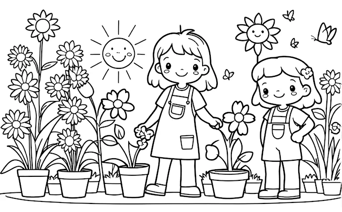Two children gardening
