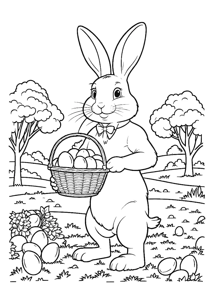 Cartoon Bunny with Basket Full of Eggs in Orchard Coloring Page