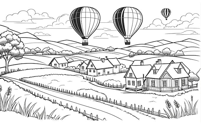 Farm landscape with hot air balloons and distant house