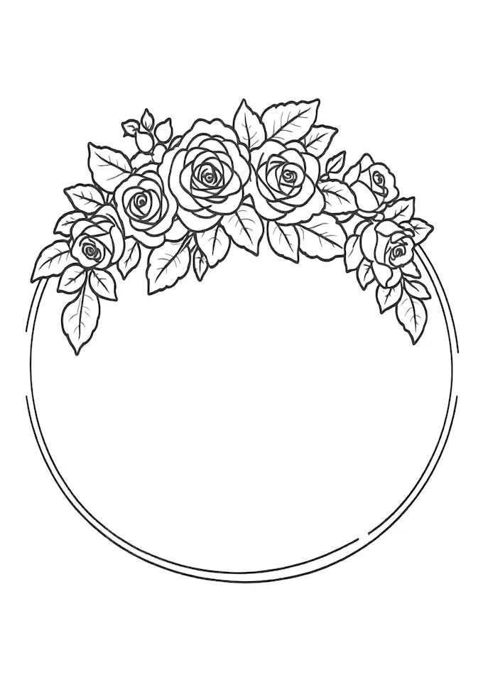 Romantic roses headpiece in black and white coloring page