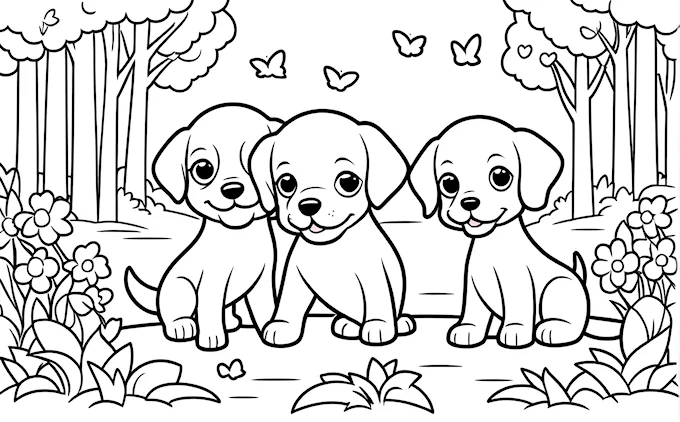 Three puppies in grass with butterflies above