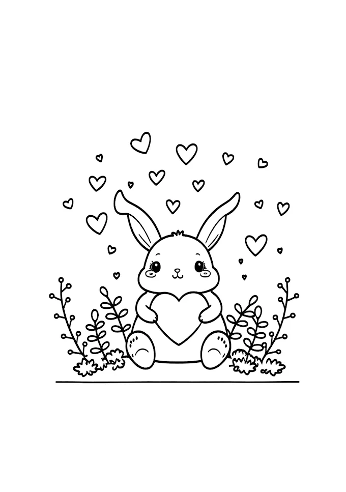 Bunny rabbit holding heart coloring page