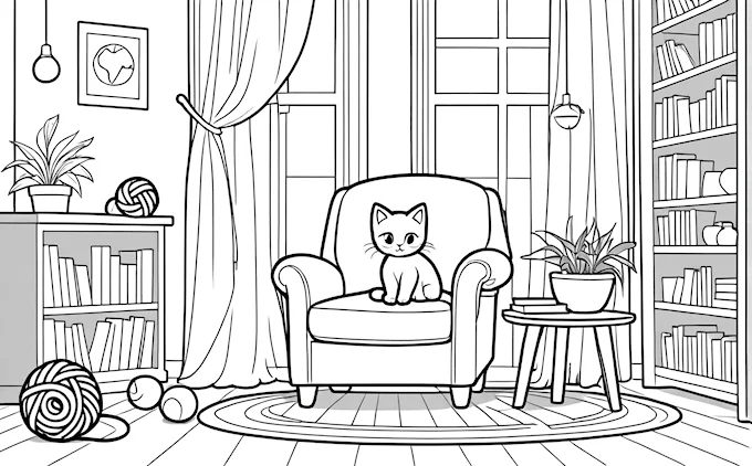 Cat on chair in living room with rug and potted plant