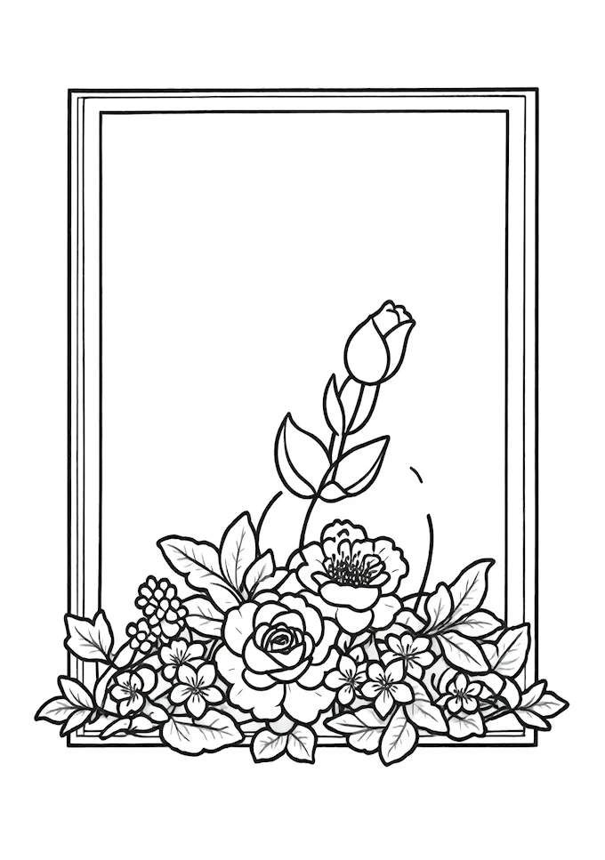 Monochromatic floral arrangement with depth effect coloring page