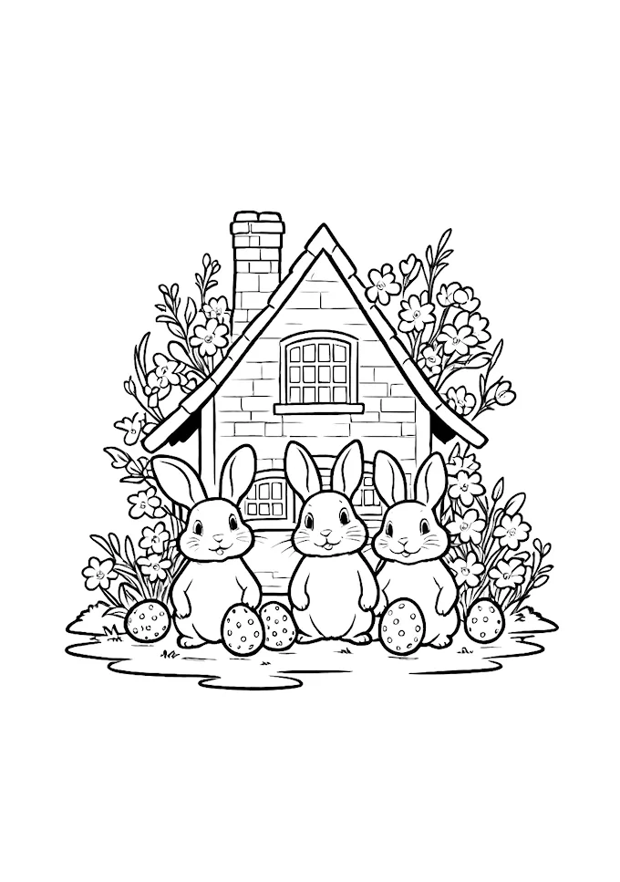Rabbits in front of a fairy tale cottage with flowers