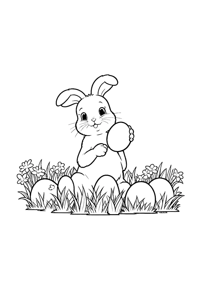 Bunny with egg-shaped balloon among scattered eggs drawing