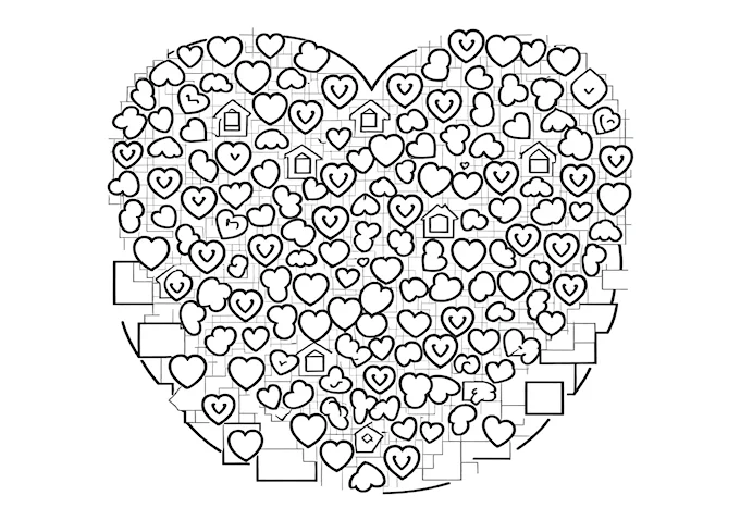 Heart-shaped photo with scattered hearts coloring page