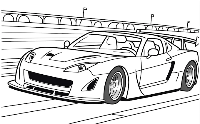Sports car on track, bridge background, line drawing