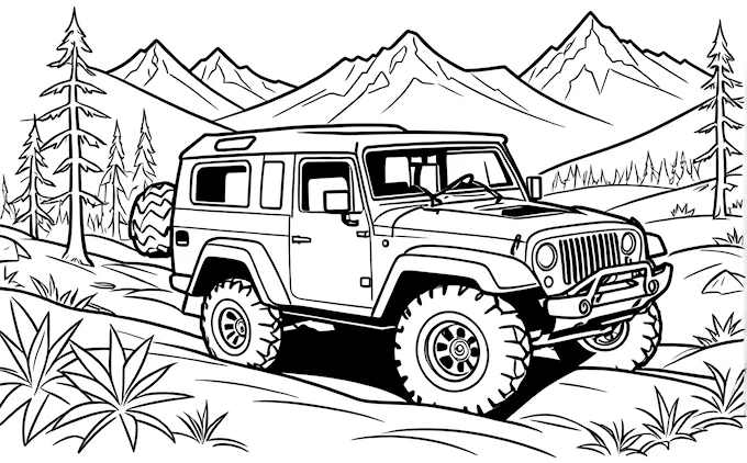 Jeep driving through mountainous landscape