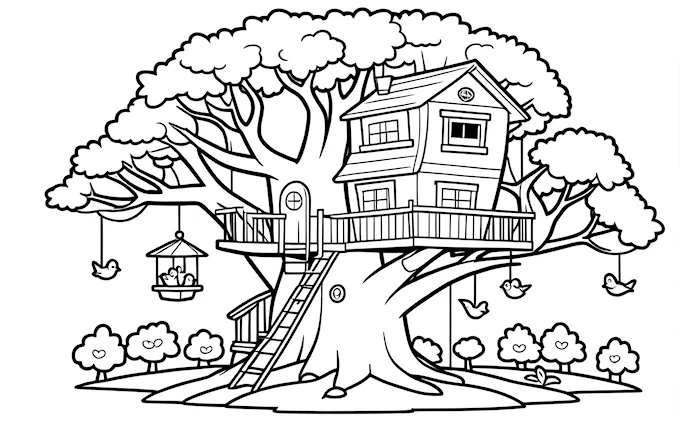 Tree house with swings, storybook coloring page