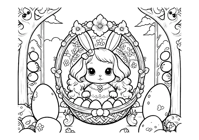 White bunny in ornate egg basket with rabbit figures and eggs