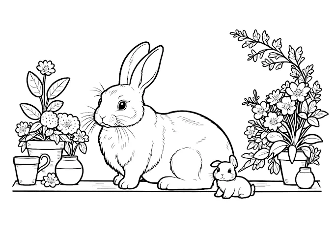 Bunny figurines on shelf with flowers and plants