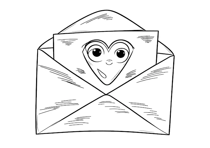 Whimsical envelope with heart eyes drawing coloring page