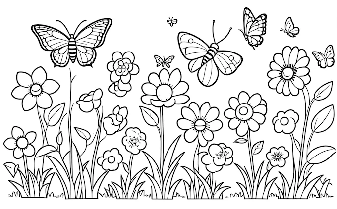 Field of flowers and butterflies background