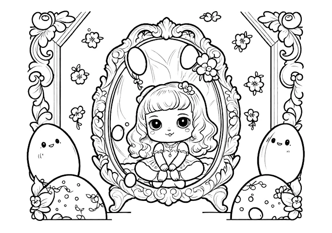 Small doll in ornate mirror frame with eggs decor coloring page