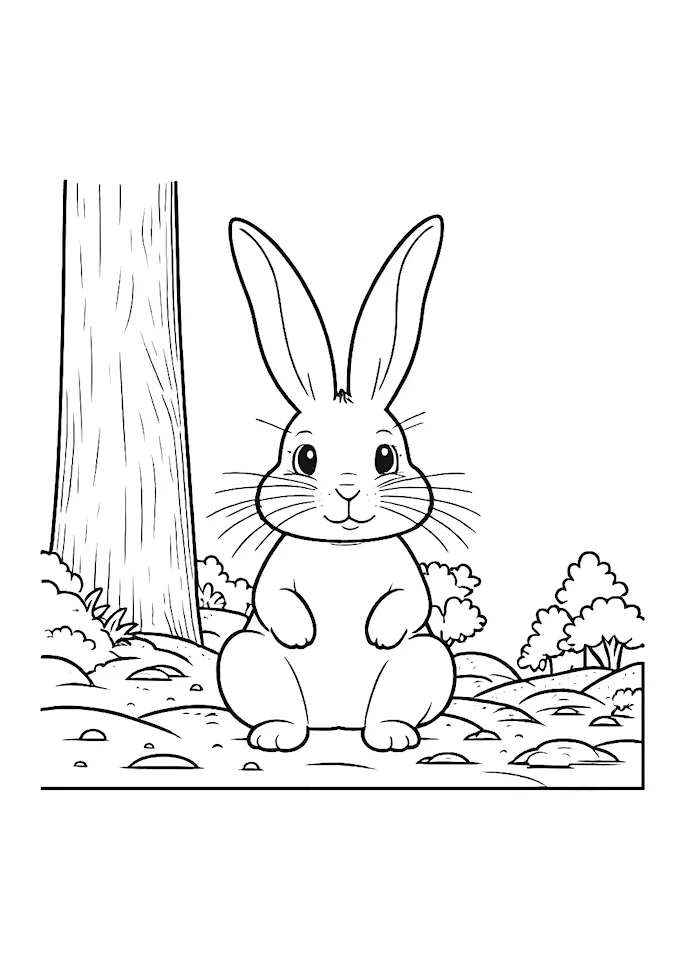 Adorable bunny in black and white drawing with trees