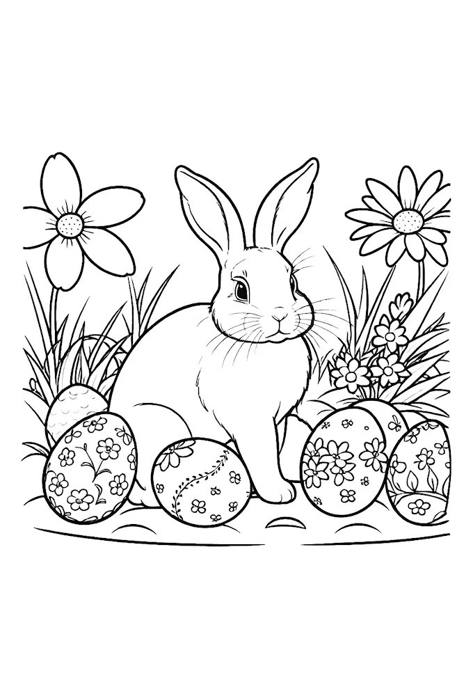 Easter bunny on eggs with surrounding decorated flowers