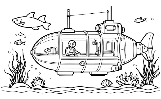 Submarine with man, fish, and corals, line art coloring page