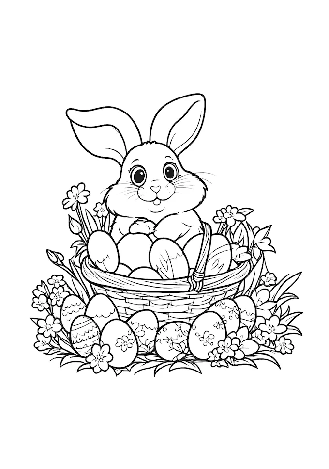 Cute bunny in egg-filled basket with colorful eggs and flowers