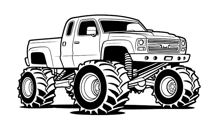 Monster truck with big tires, extreme black and white coloring page