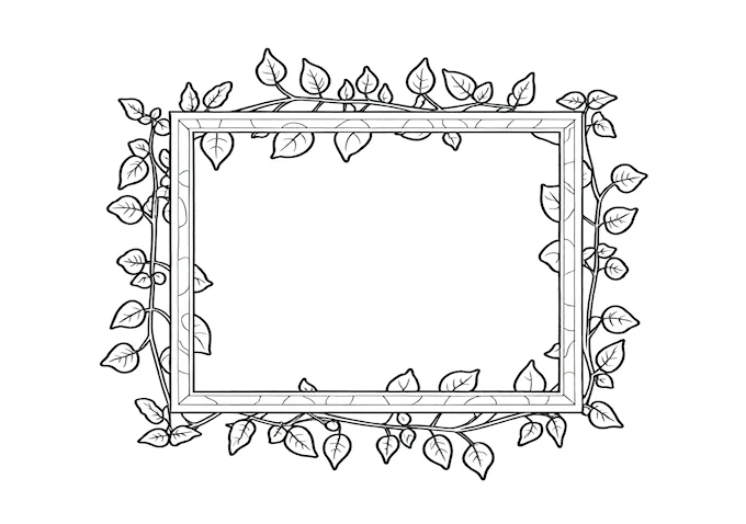 Empty picture frame with decorative vines and leaves coloring page
