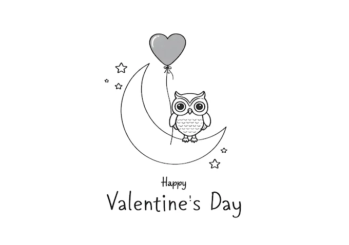 Valentine&#039;s Day owl with heart balloon coloring page