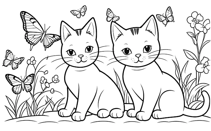 Two cats in grass with butterflies flying above, lineart, furry art