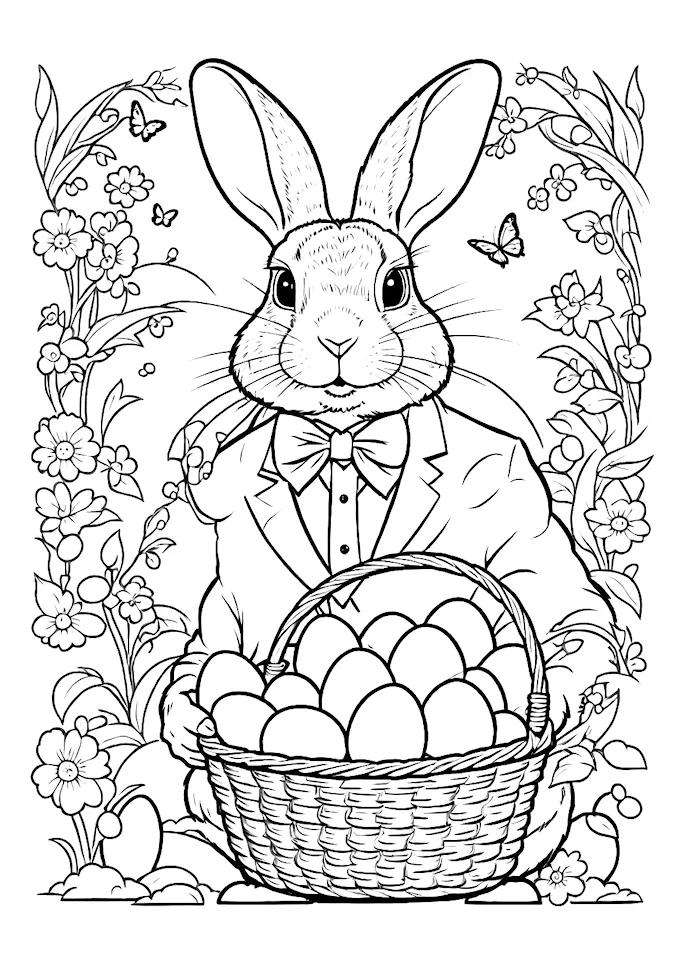 Rabbit in Suit Holding Basket with Eggs or Butterflies Coloring Page