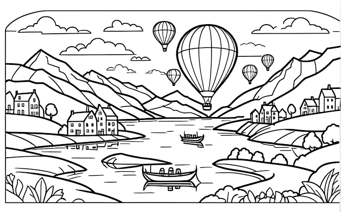 Hot air balloon over lake and distant town, coloring page