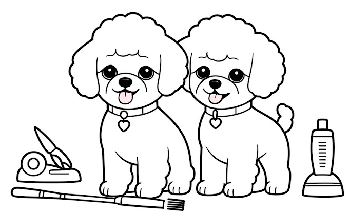 Pair of poodles with hairdryer and brush