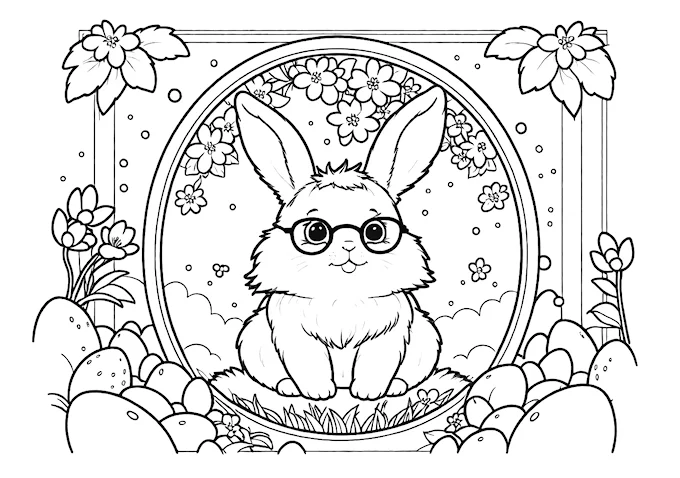 Fluffy bunny among eggs and flowers with whimsical touch
