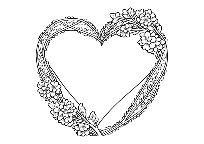 Detailed heart and flowers coloring page