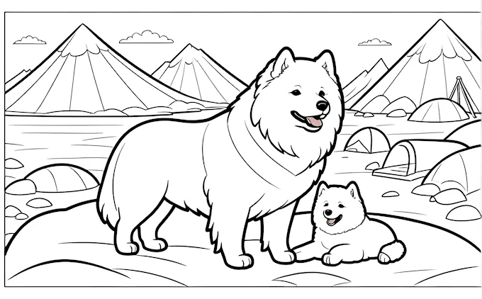 Dog and cat in wilderness with mountains and lake