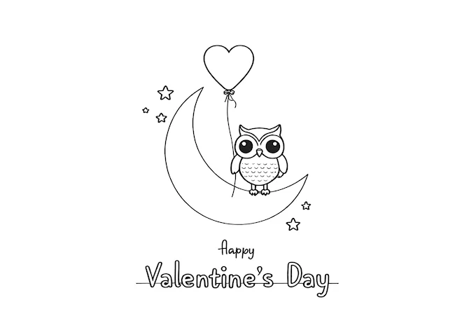 Owl with heart-shaped balloon Valentine&#039;s Day coloring page