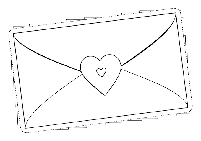 White envelope with heart-shaped ink stamp coloring page
